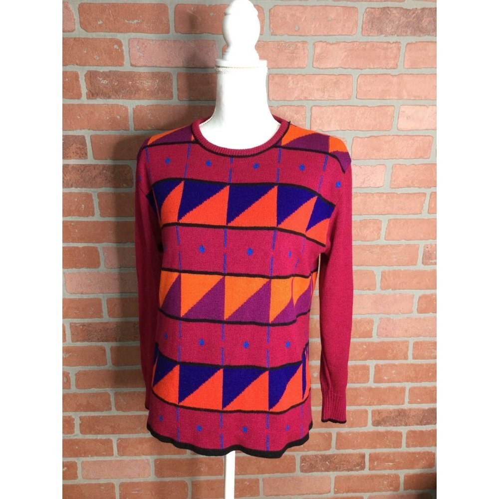 Vintage Womens Geometric Print Knit Sweater Crew Neck Pullover Long Sleeve 12